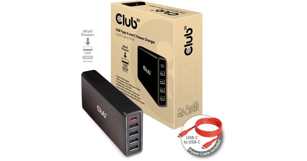 Club 3D USB Type A and C Power Charger, 5 ports up to 111W (Zwart)