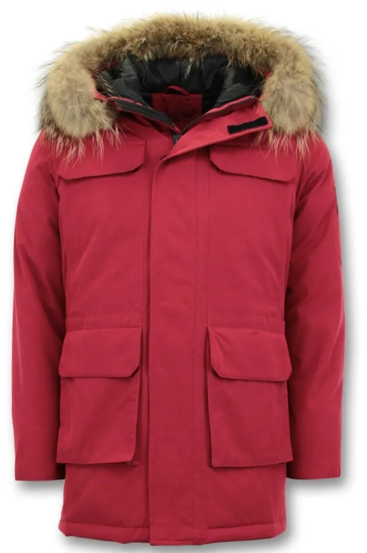LANGE HEREN PARKA    ECHTE BONTKRAAG – ROOD