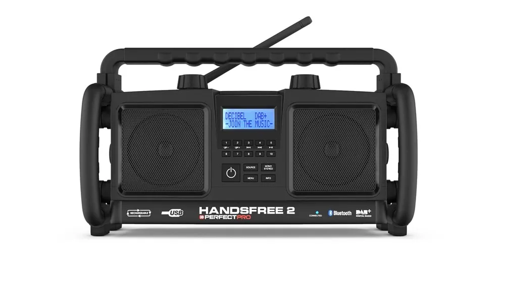 PERFECTPRO BOUWRADIO HANDSFREE2 ZWART DAB+  FM STEREO RDS  BLUETOOTH  USB/SD  AUXIN  OPLAADBAAR (INCL. BATTERIJEN)